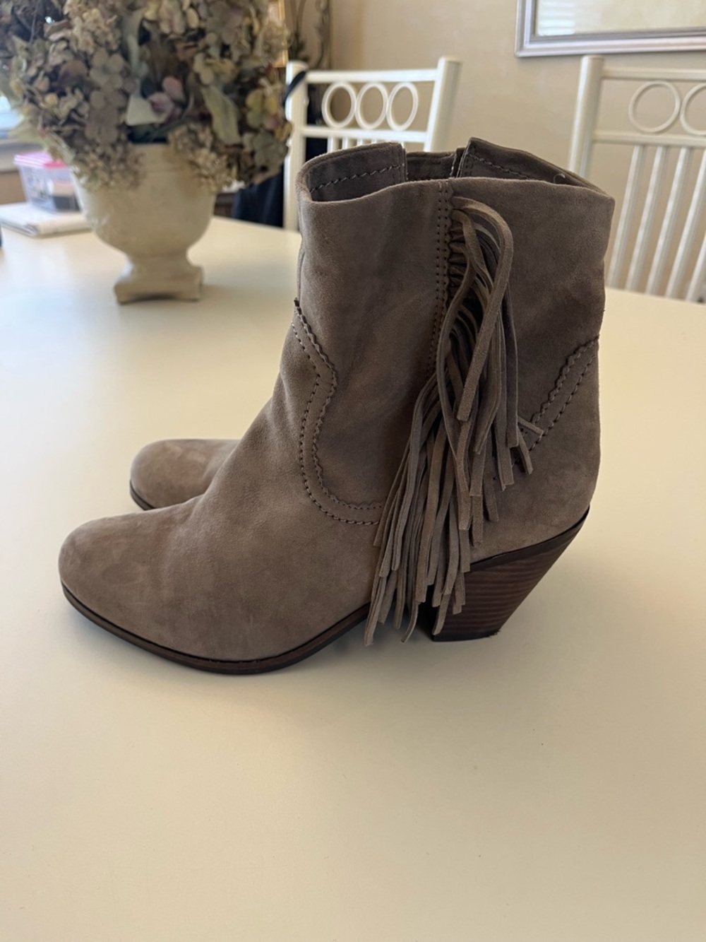 Sam Edelman Taupe Suede Fringe Ankle Boots
